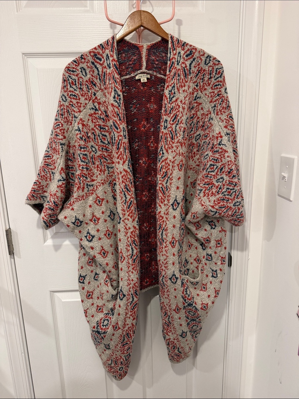 Mercari): Lucky Brand Red Cream Mixed Knit Geometric Open Front Cardigan